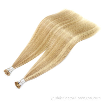 Wholesale 10A Russian Ombre I Tip Human Remy Raw Hair Blonde Brown I Tip Double Drawn Keratin Pre Bonded Fusion Hair Extensions